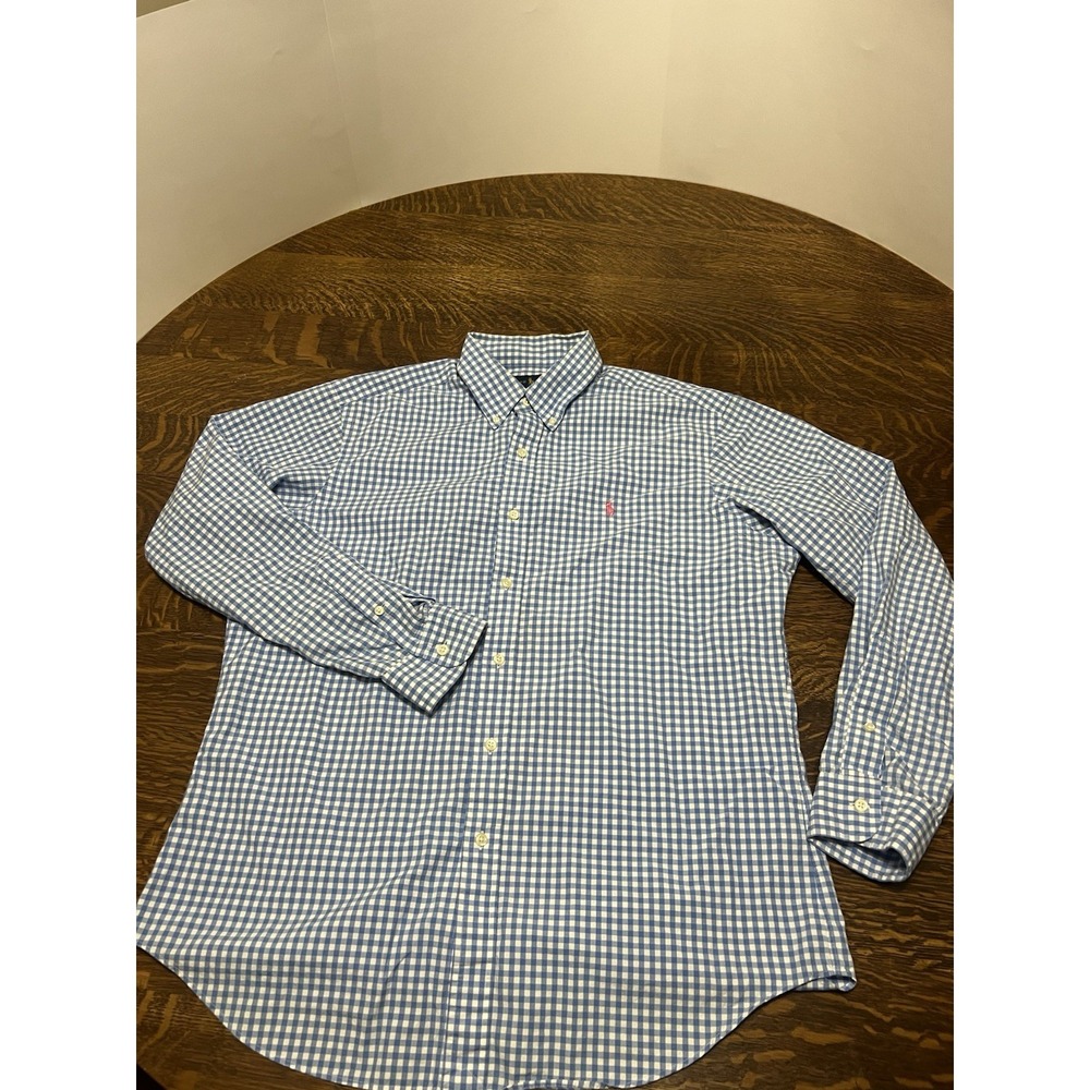 Ralph Lauren Polo Shirt Mens L Classic Fit Blue White Gingham Pink Pony